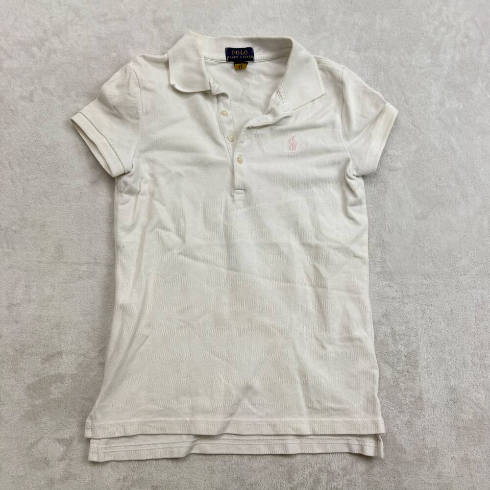 Ralph Lauren Girls White Polo Shirt Size M (8-10) Short Sleeve Cotton Pique Logo